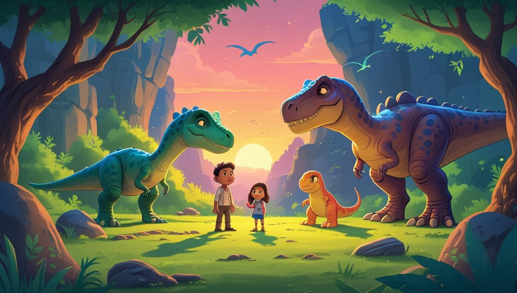 Young Velociraptor with Brachiosaurus and Pterodactyl in a glowing canyon, listening to Stegosaurus under sunset.