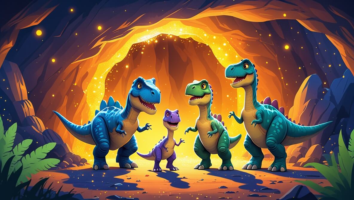 Dinosaurs in a cave with a glowing stone illuminating their joyful faces and sparkling cave walls.