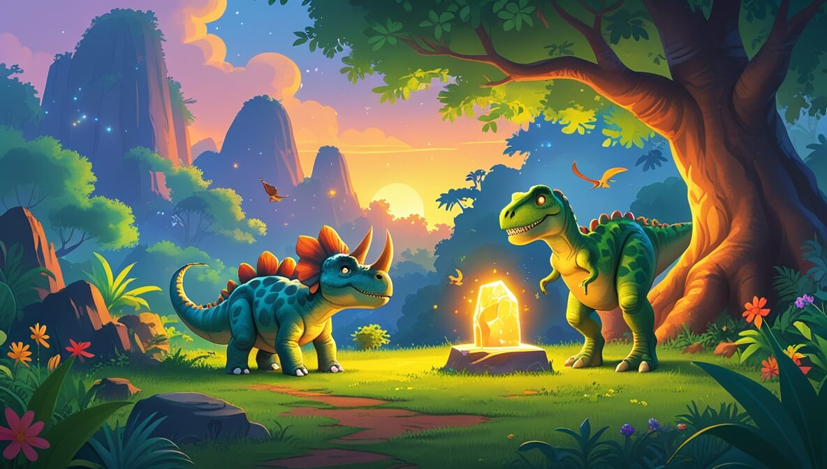 Triceratops and T-Rex near glowing stone in a jungle valley at sunset, surrounded by colorful flowers.