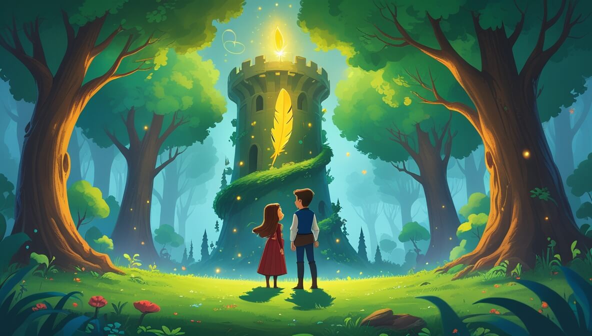 Princess and Prince by Whispering Tower, vibrant forest, magical mist, glowing Golden Feather atop.