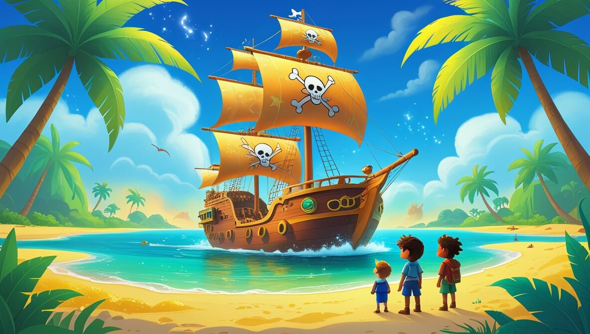 Pirate ship sails by golden sands, lush palms; Captain Zara, Eli, and Finn marvel at the sparkling Golden Lagoon.