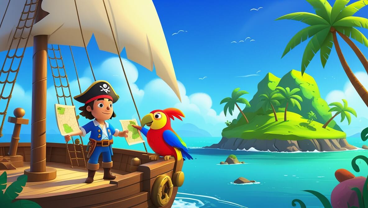 Pirate ship sailing under clear skies with Captain Flint, First Mate Sandy, and a parrot, approaching a lush island.