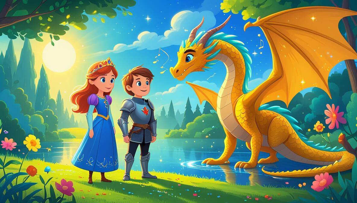 Princess and knight by a shimmering lake, golden dragon nearby, in a vibrant garden under a bright sunlit sky.