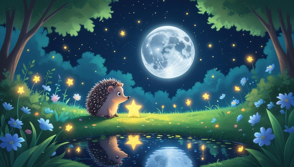Curious hedgehog and glowing star by a shimmering pond under a bright moon, surrounded by flowers and fireflies.