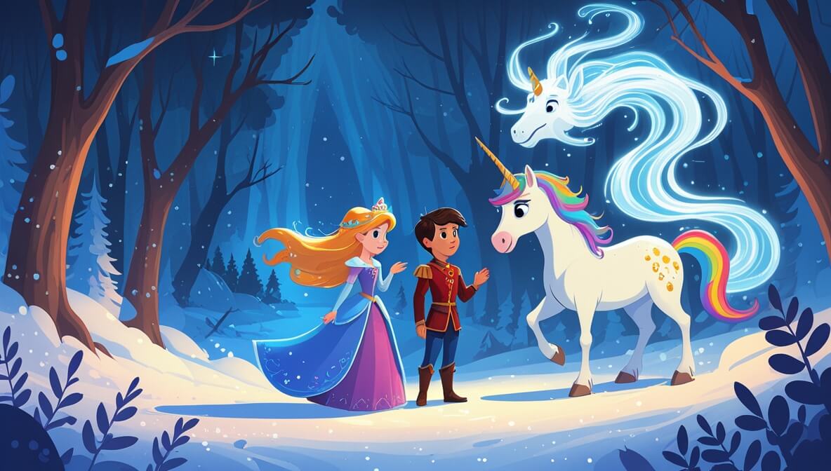 Brave princess and clever prince in a snowy forest, guided by a rainbow-maned unicorn, watched by a mysterious enchanter.