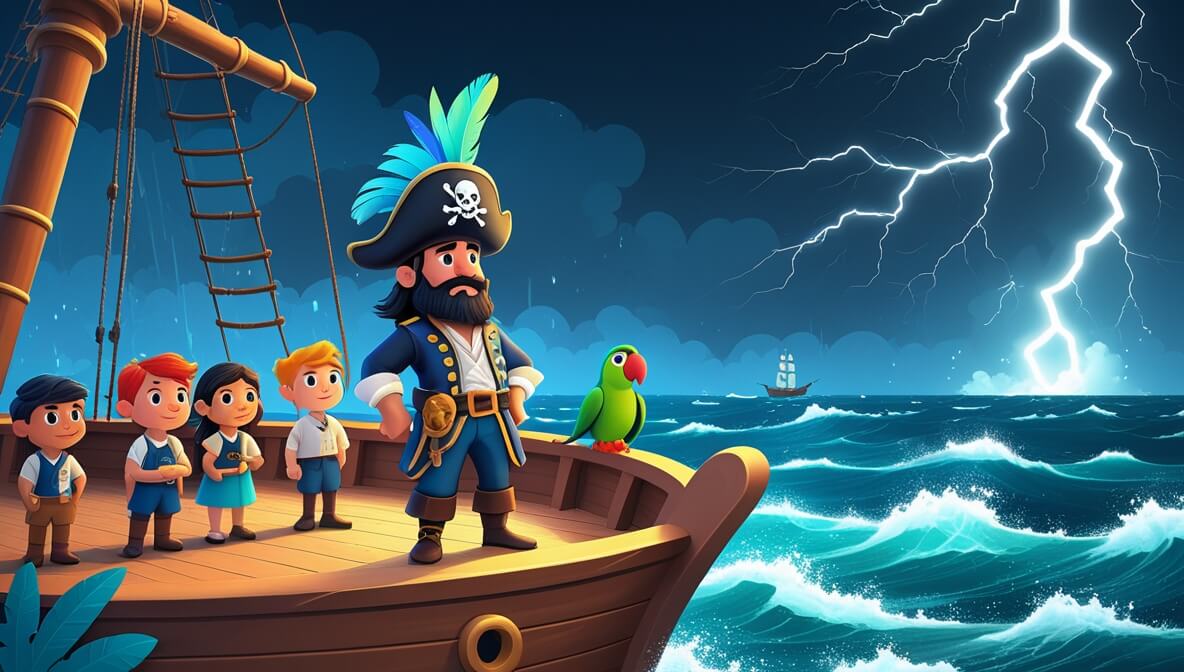 Pirate captain with feathered hat on stormy ship deck, parrot on shoulder, lightning in dark sky.