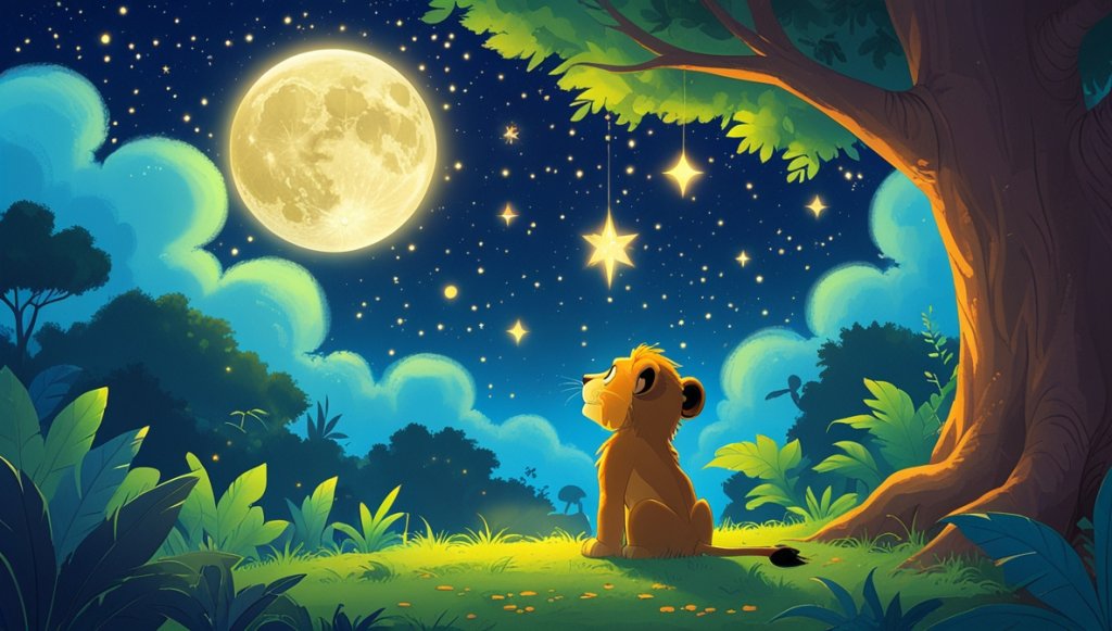 Lion cub gazing at twinkling stars and a bright moon in a lush jungle at night.