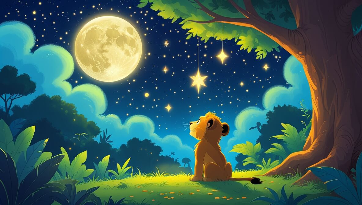 Lion cub gazing at twinkling stars and a bright moon in a lush jungle at night.