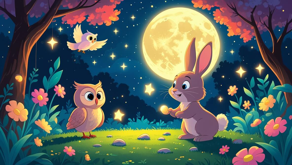 Bright-eyed owl and fluffy rabbit in a moonlit garden with twinkling stars and vibrant flowers, sharing a shiny pebble.