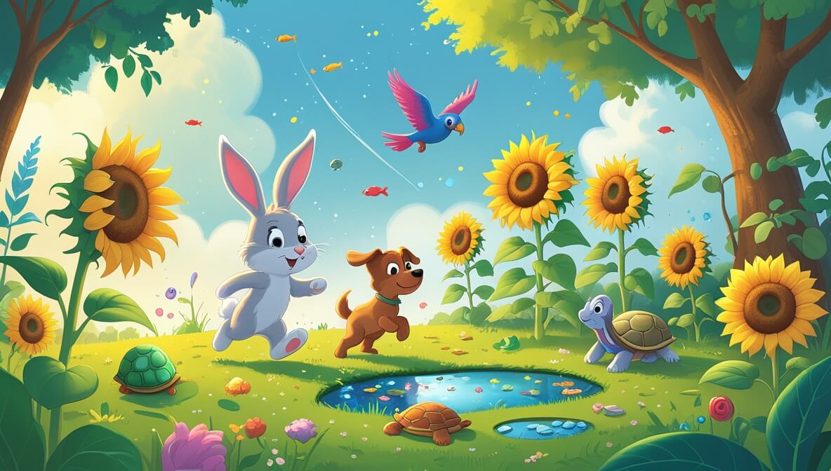 Curious bunny and playful puppy explore a garden with sunflowers, pond, fish, wise turtle, and colorful parrot.