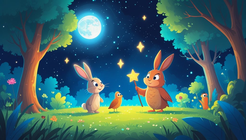 Curious bunny and wise owl in a luminous meadow with a giggling star, fireflies, and shimmering moonbeam.