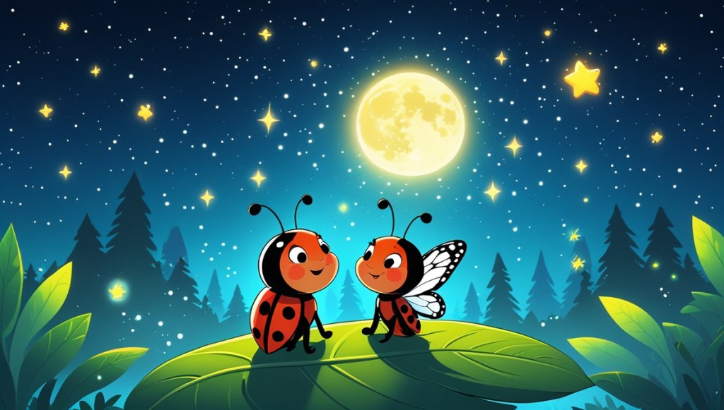 Ladybug and butterfly on a leaf under a starry night sky with a glowing moon illuminating their joyful faces.