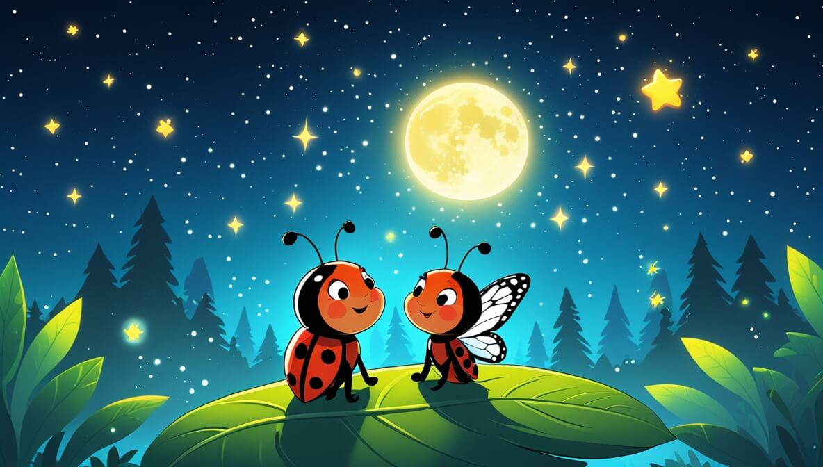 Ladybug and butterfly on a leaf under a starry night sky with a glowing moon illuminating their joyful faces.