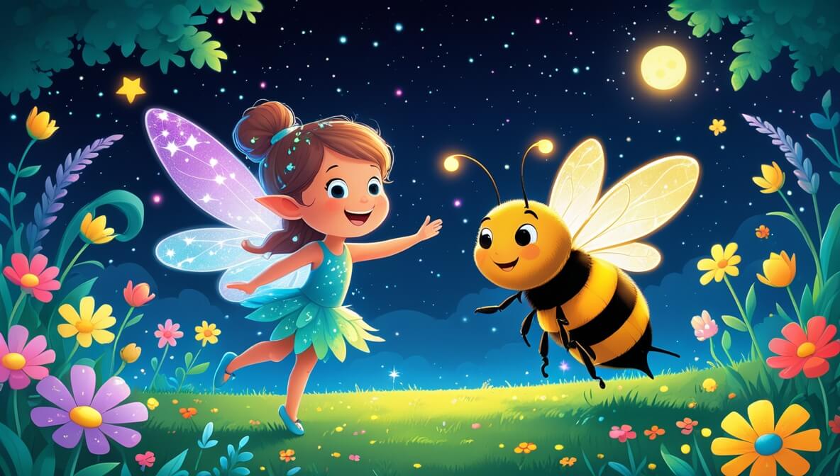 Tiny fairy dancing with a striped bumblebee in a magical garden at dusk, surrounded by colorful flowers.