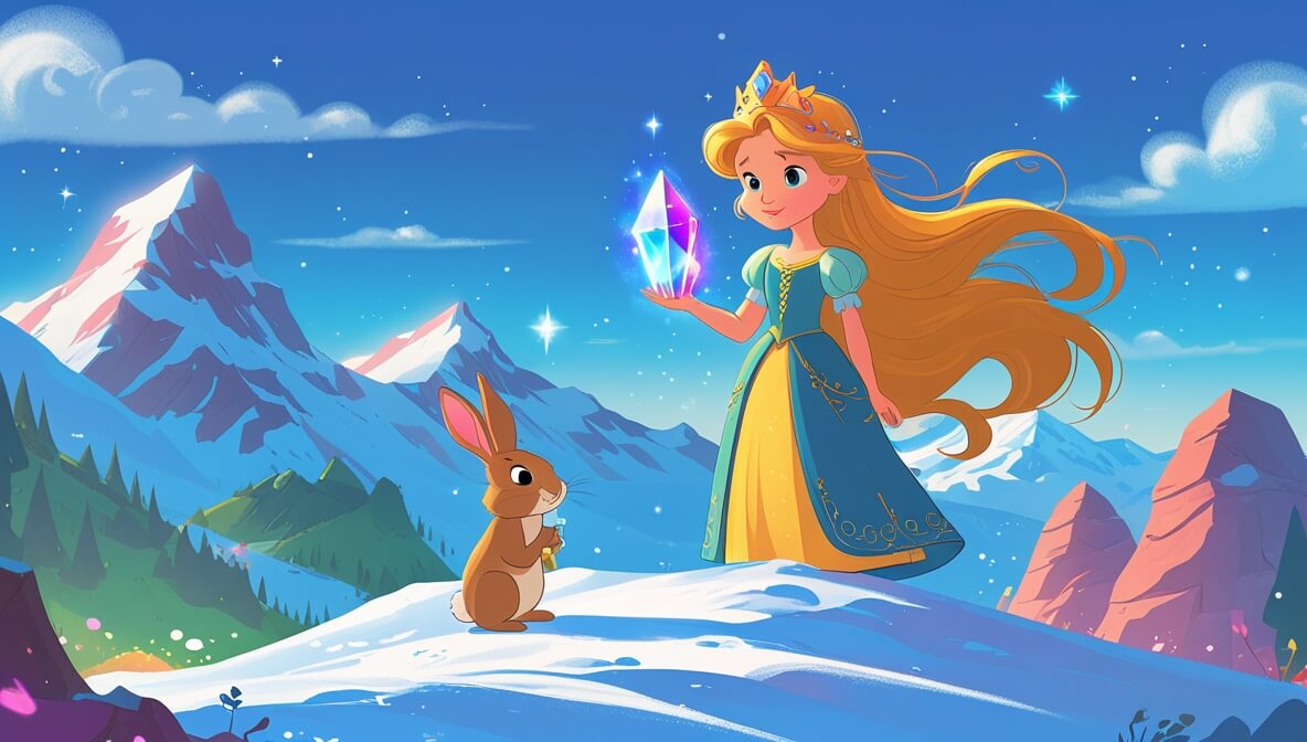 Princess with golden hair holds rainbow crystal on snowy peak, with a curious rabbit under a clear magical sky.