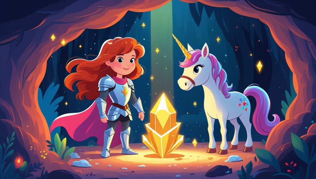 Princess, knight, and unicorn in a glowing cave, faces lit by a radiant crystal, surrounded by colorful reflections.