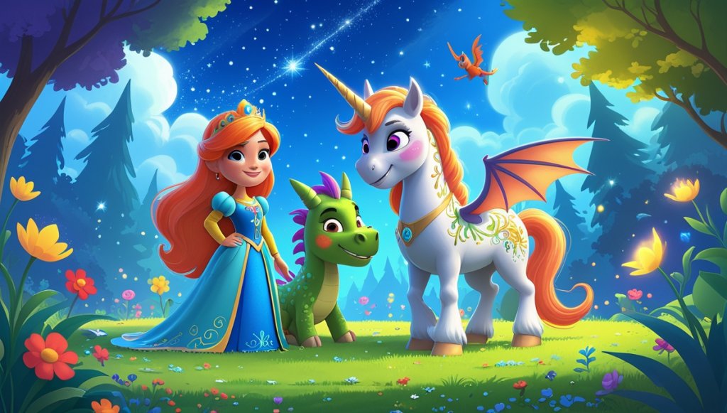 Princess Marigold with Sir Nimbus and Drake the Dragon in a blooming forest under a sparkling blue sky.