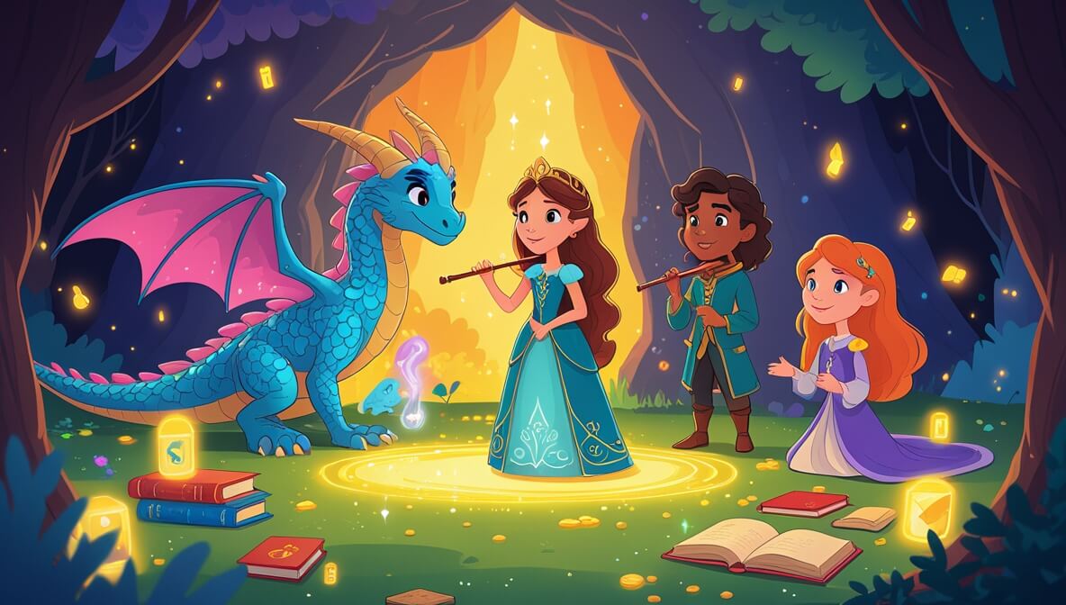 Princess in a glowing cave with a dragon, knight with a flute, and lady with books, all in golden light of harmony.