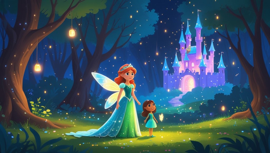 Princess Celestia and fairy Luna in a glowing forest with a mystical castle in the background.