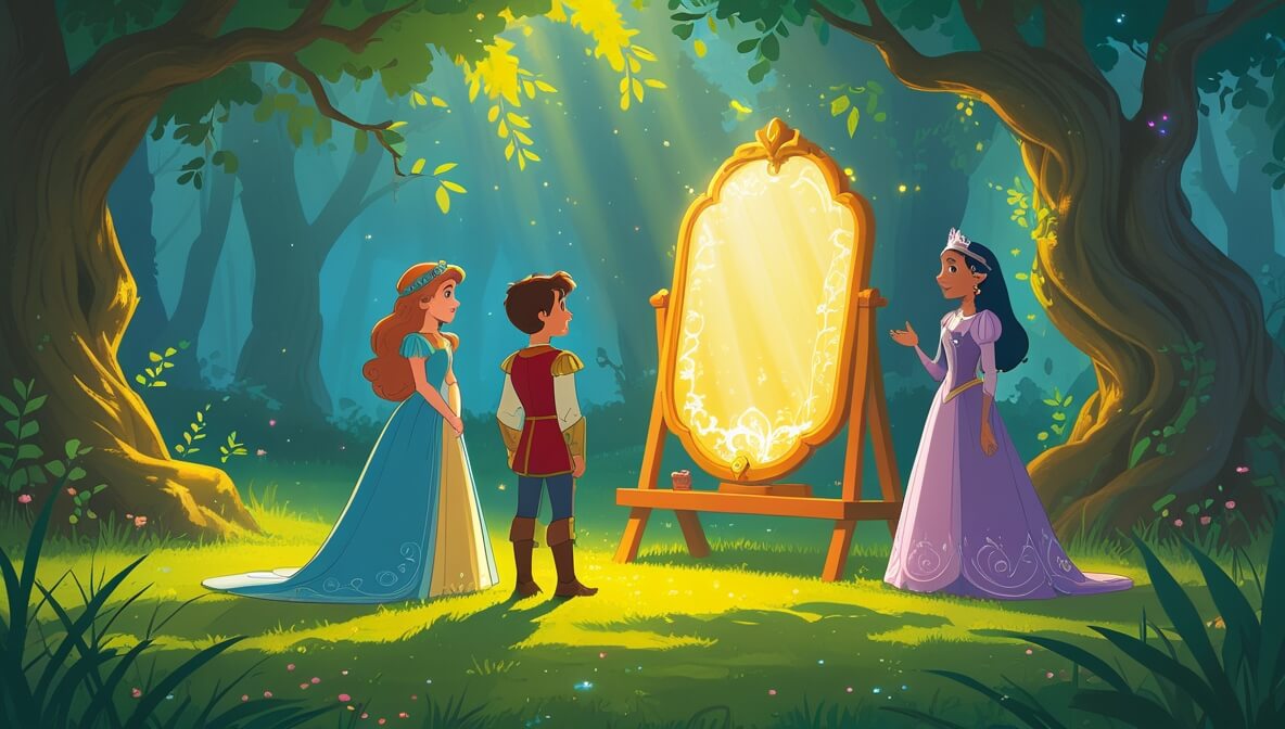 Princess Seraphina and Prince Caspian in a sunlit forest with an enchanted glowing mirror and Old Willow nearby.