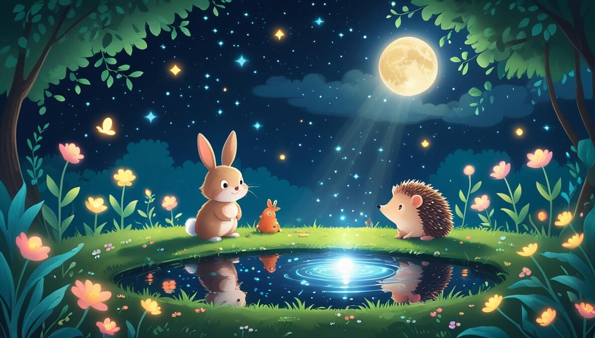 Fluffy bunny and shy hedgehog by a shimmering pond under a starry sky, surrounded by glowing flowers.