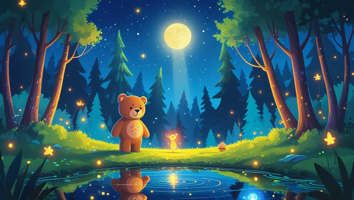 Teddy bear and firefly by a sparkling pond in a magical forest under a shimmering moonbeam.