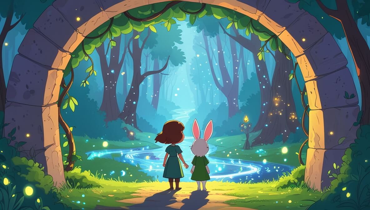 Princess Elowen and Thistle by a magical vine-covered archway, with a shimmering forest beyond.