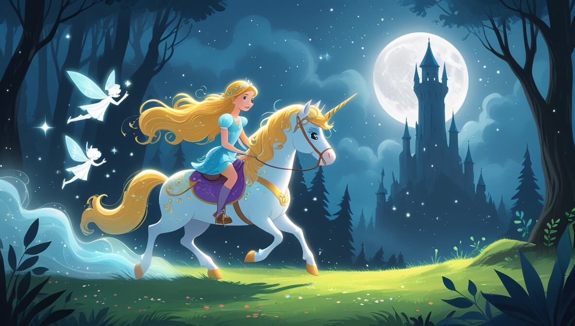 Princess on a unicorn in an enchanted forest, with a fairy and a mysterious tower under a moonlit sky.