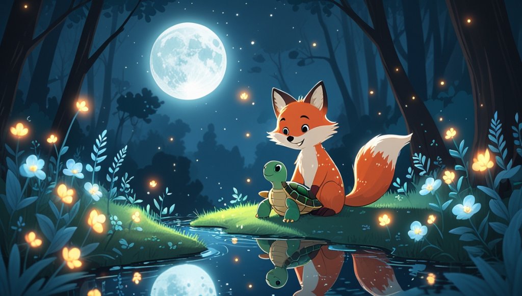 Fox and turtle in a moonlit forest with fireflies and glowing flowers by a gentle stream under a full moon.