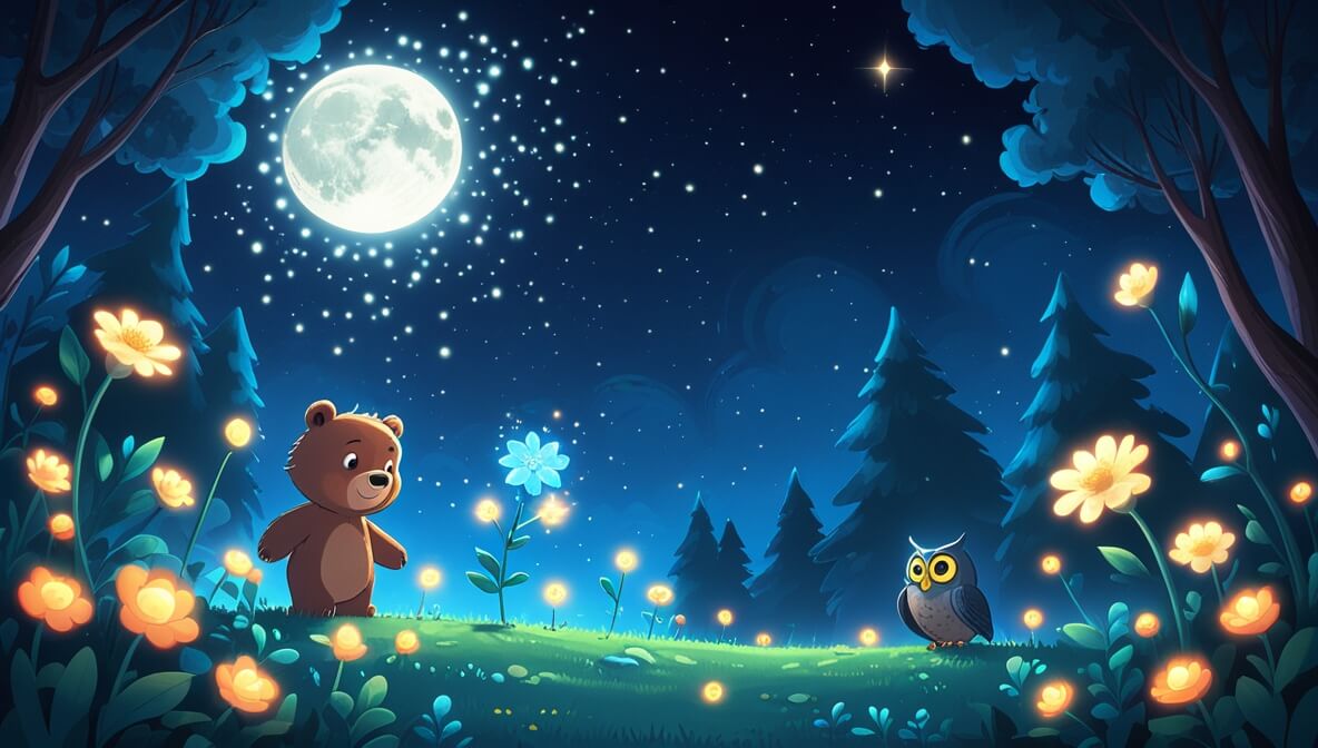 Tiny bear and wise owl in a moonlit forest with glowing flowers and a sparkling Moonflower under twinkling stars.