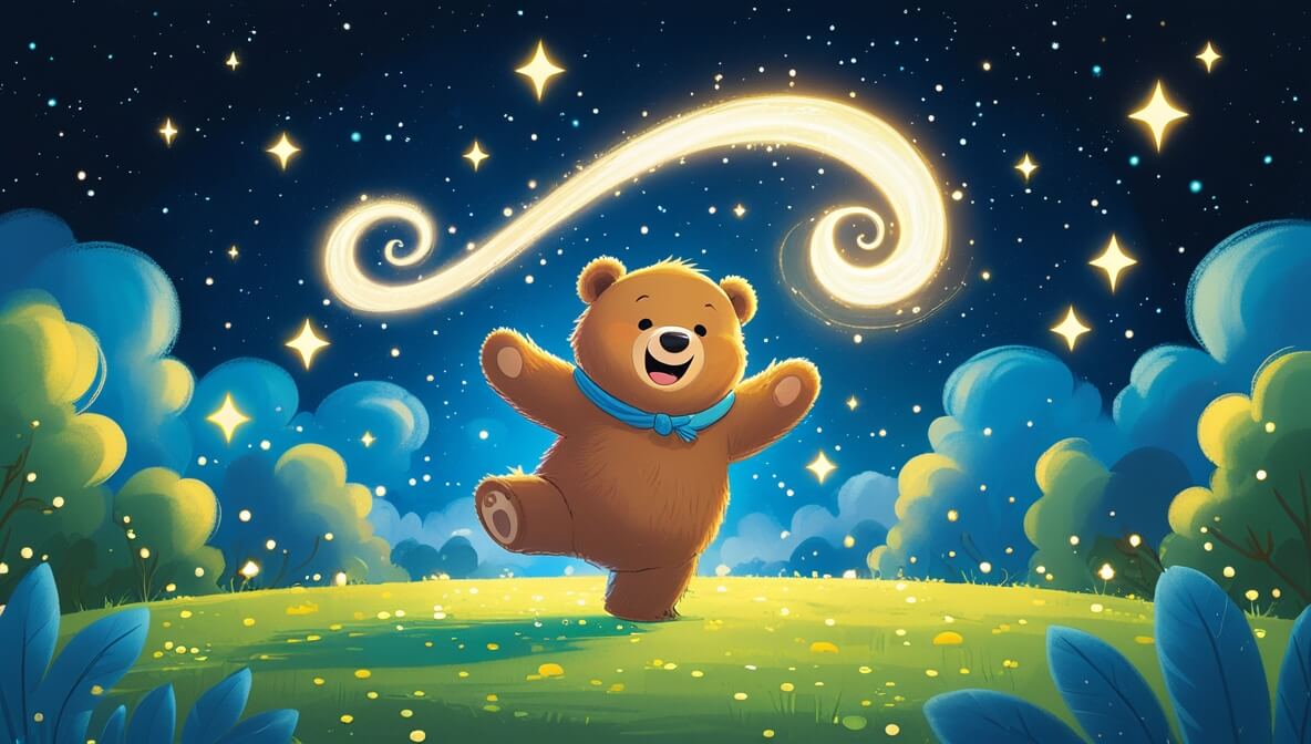 Brown bear Benny dances joyfully with a shimmering Moonbeam under a starry night sky with sparkling stars.