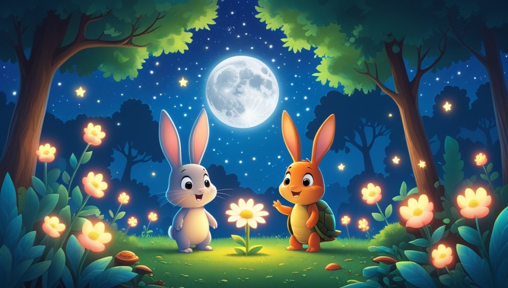 Bunny and turtle beside a glowing moonflower, fireflies dancing under a starry sky with a silver moon.