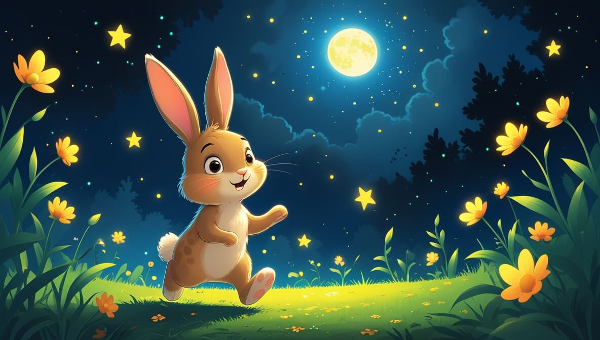 Curious bunny with floppy ears hops beside a glowing moonbeam in a starlit garden under a dark blue sky.