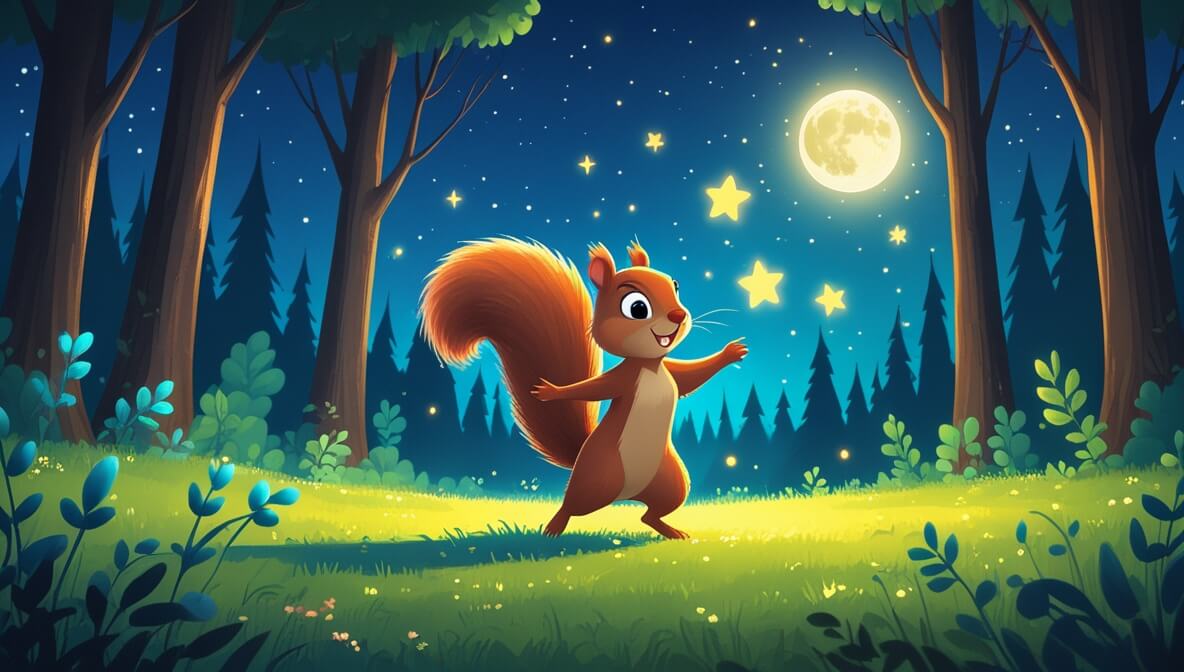 Squirrel Nibble dances with a glowing moonbeam under twinkling stars in a serene forest meadow.