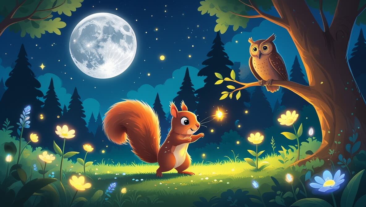 A curious squirrel and glowing firefly dance among moonlit moonflowers in a magical forest under starry skies.
