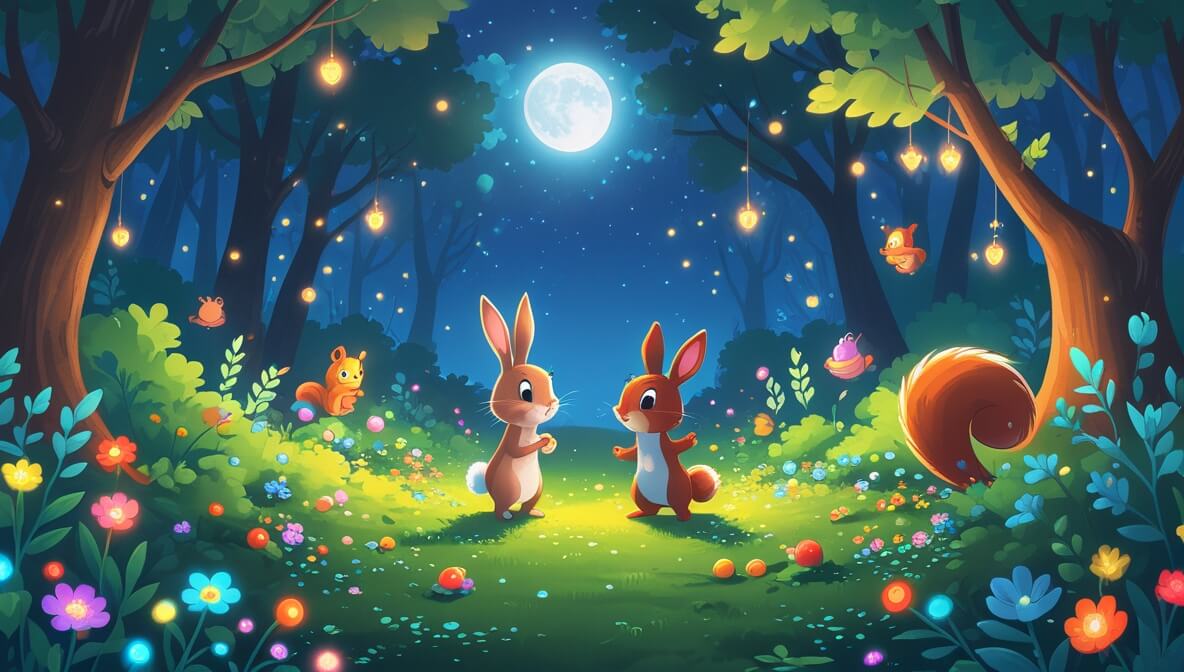Fluffy bunny and gentle owl in a moonlit magical garden with twinkling fireflies and a sparkling pond.