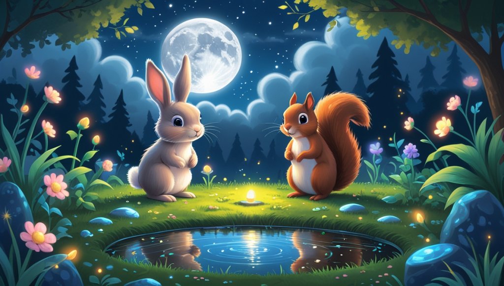 Bunny and squirrel by a pond at dusk, surrounded by shimmering flowers and stones under a silver moonlit sky.