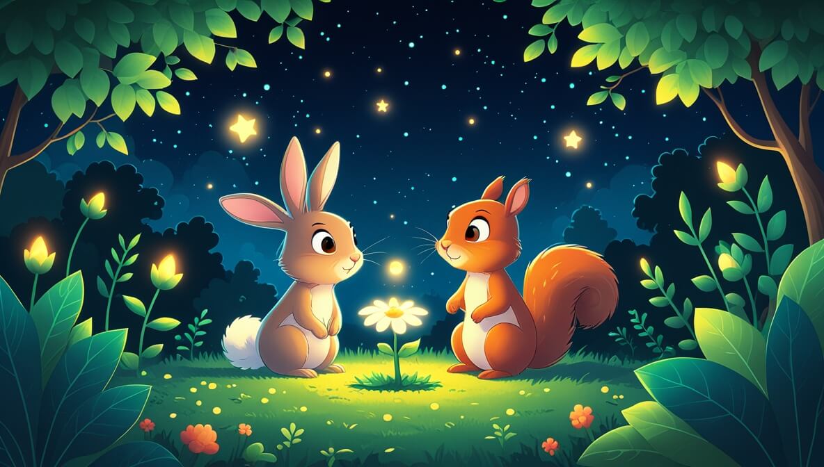 Fluffy bunny and curious squirrel in a moonlit garden with a glowing moonflower and twinkling stars.