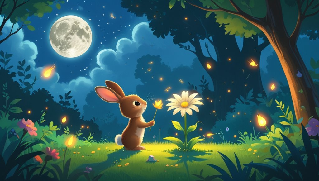 Tiny brown rabbit and glowing silver flower in a moonlit garden with twinkling fireflies and dancing shadows.
