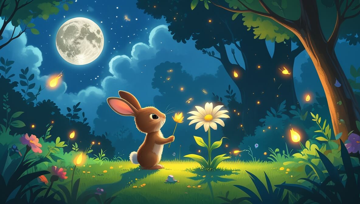 Tiny brown rabbit and glowing silver flower in a moonlit garden with twinkling fireflies and dancing shadows.
