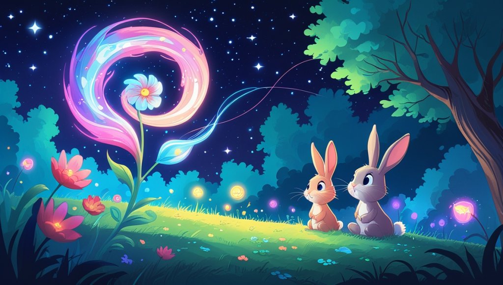 Two bunnies in a moonlit meadow, gazing at a glowing pink, blue, and purple flower under twinkling stars.