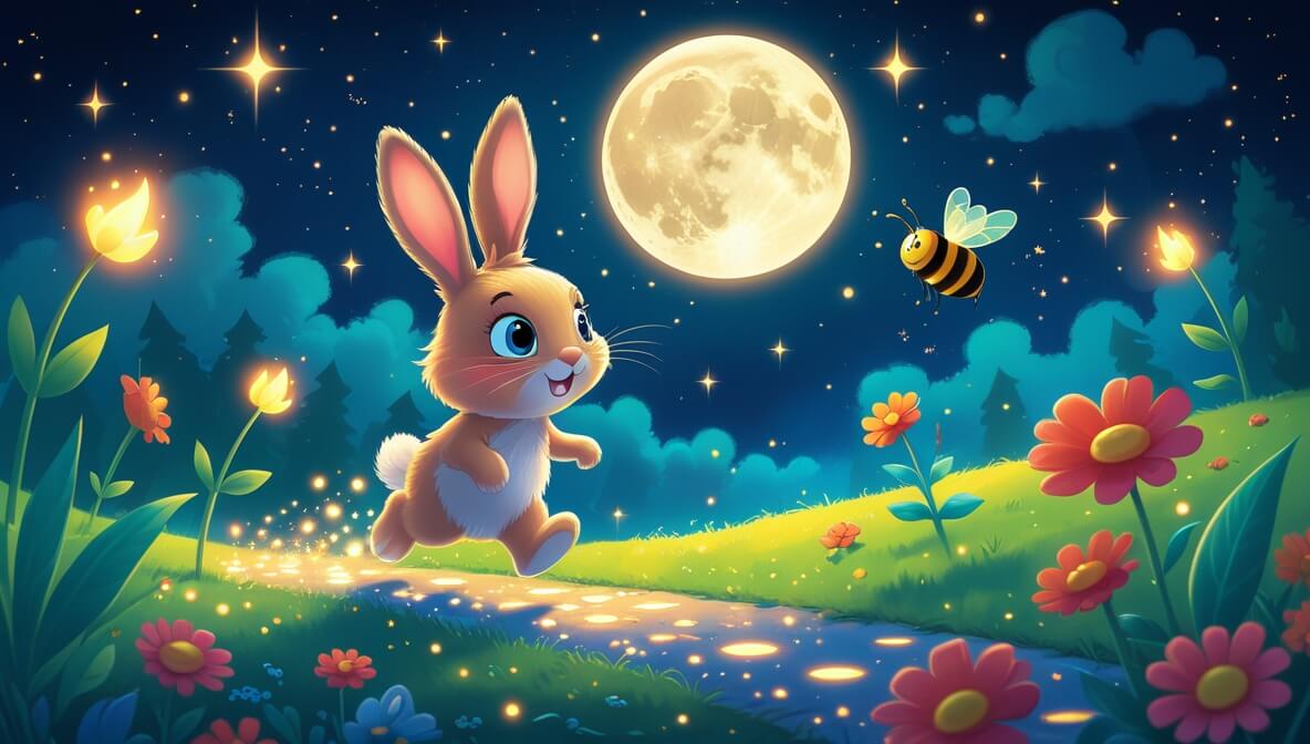 Fluffy bunny hopping on a moonlit path, with a glowing firefly and cheerful bee under twinkling stars.