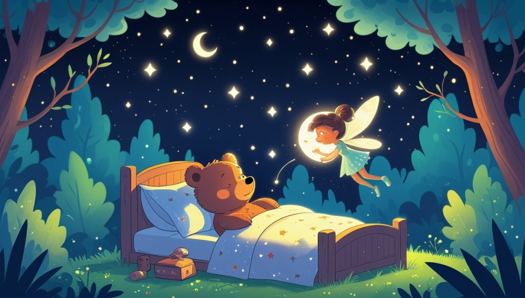 Little bear Nibbles in forest bed, moon fairy Moonbeam sprinkles stardust, stars twinkle in magical night.