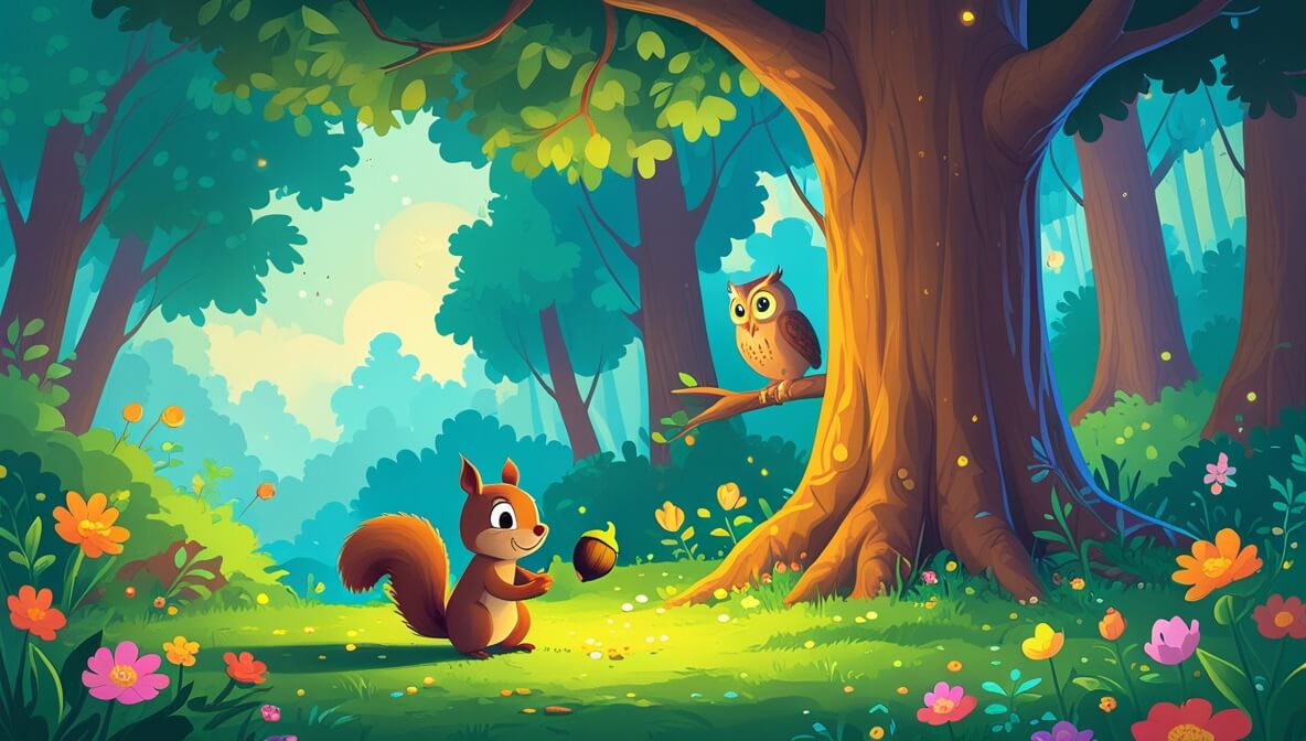 Playful squirrel with glowing acorn under oak tree, wise owl on branch, colorful forest floor blooms.