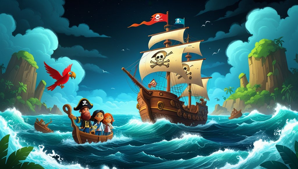 Pirate ship in stormy seas; Captain Jed, First Mate Lina with map, and Parrot Polly approach a cave on a lush island.