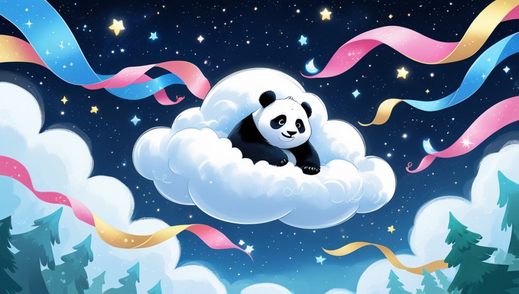 A smiling white cloud carries a curious panda through a starry night sky with pink, blue, and gold ribbons.