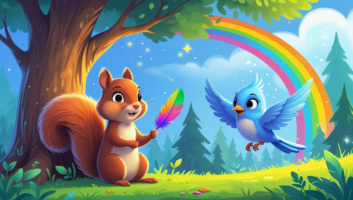 Curious squirrel and bluebird under a tree, surrounded by vibrant forest with a rainbow overhead.