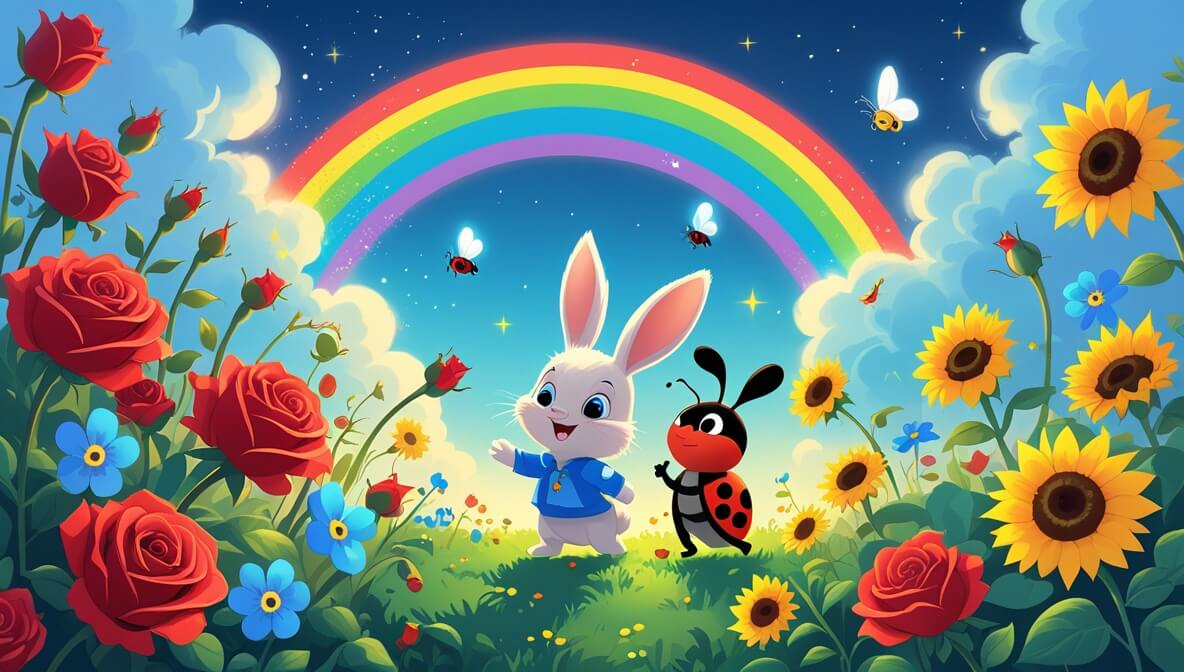 Curious bunny and cheerful ladybug explore a magical garden with vibrant flowers under a bright rainbow.