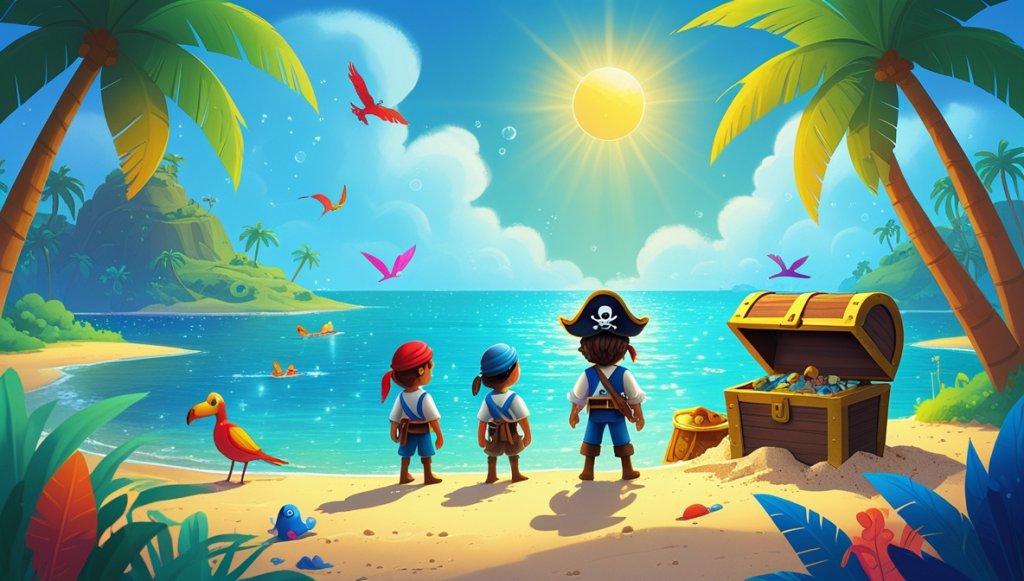 Young pirate captain on a sandy shore, treasure chest nearby, surrounded by palm trees and colorful birds.