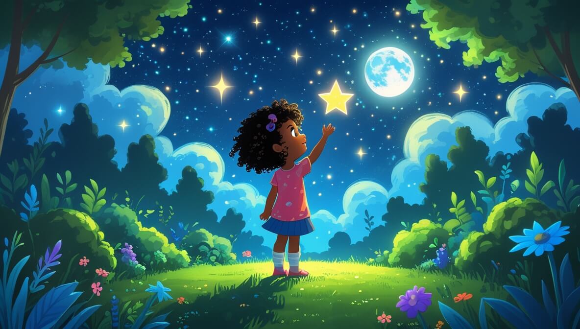Curly-haired girl stargazes in a moonlit garden, surrounded by shimmering stars and glowing moonlight.